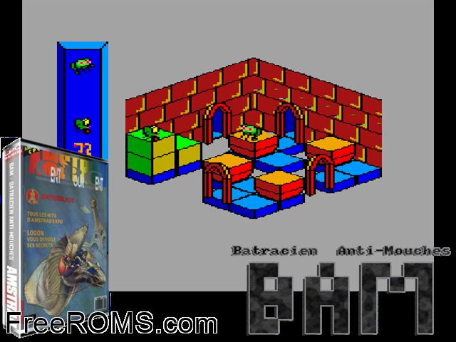 Batracien Anti-Mouches (F) (1989) (PD) [a1] Amstrad CPC game showing 3D box cover and gameplay screenshot